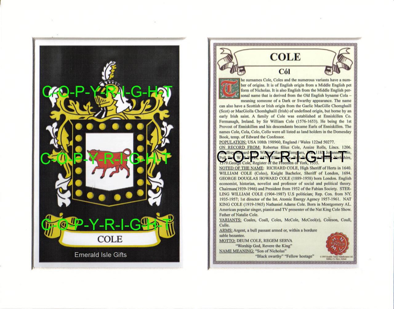 COLE Family Coat of Arms Crest + History - Available Mounted or Framed