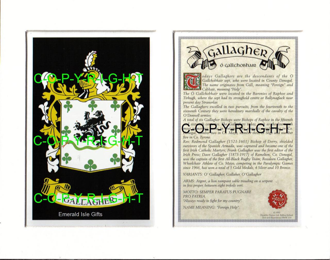 GALLAGHER Family Coat of Arms Crest + History Available Mounted or