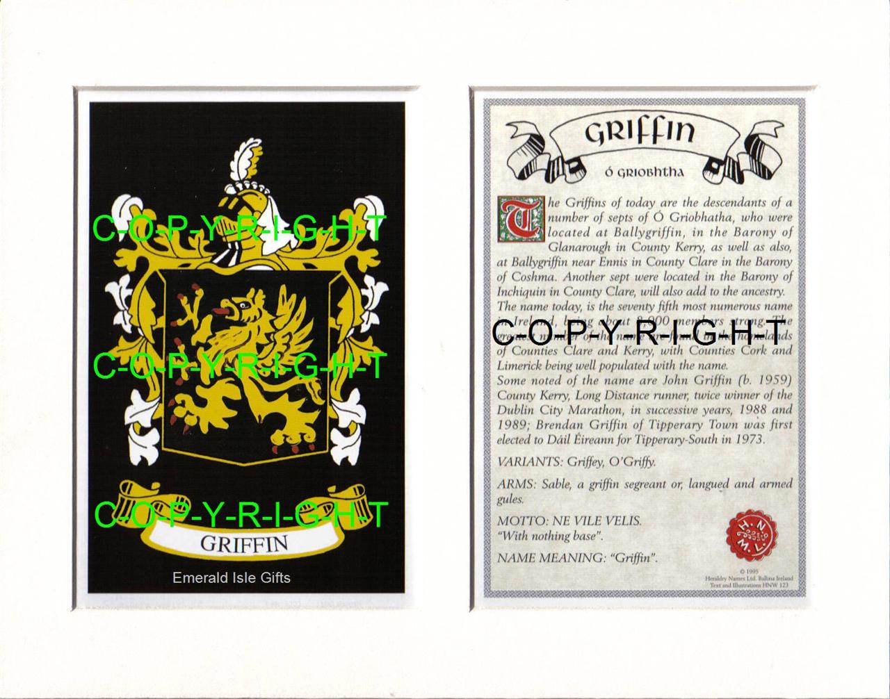 GRIFFIN Family Coat of Arms Crest + History Available Mounted or