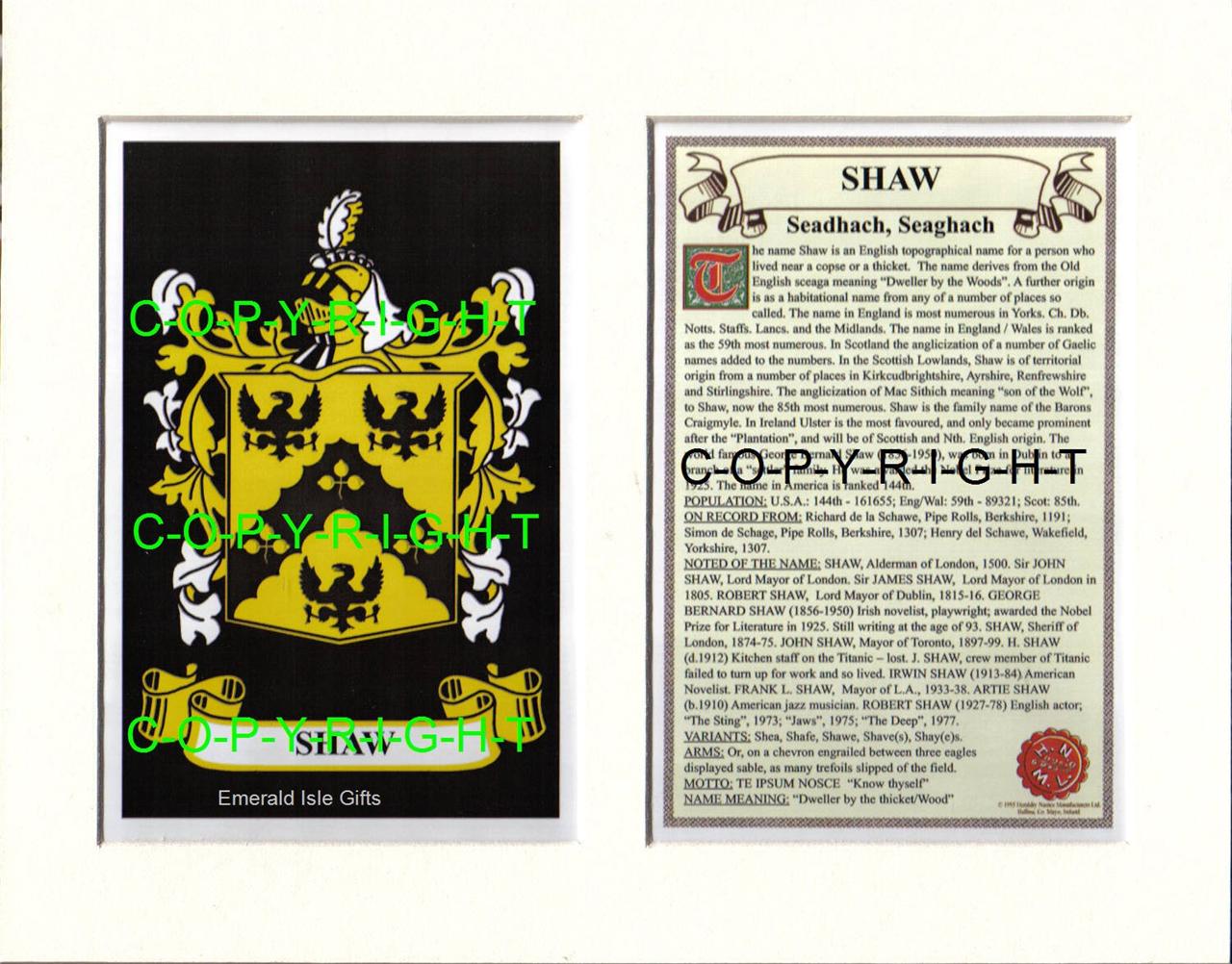 SHAW Family Coat of Arms Crest + History Available Mounted or Framed