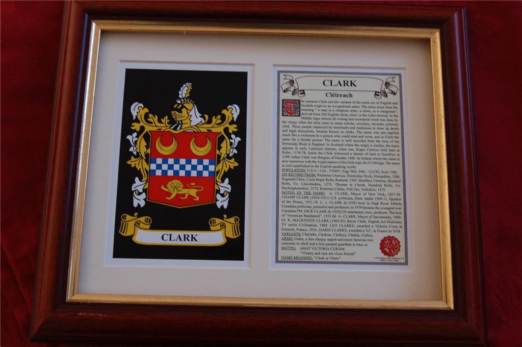 CLARK Family Coat of Arms Crest + History Available Mounted or Framed