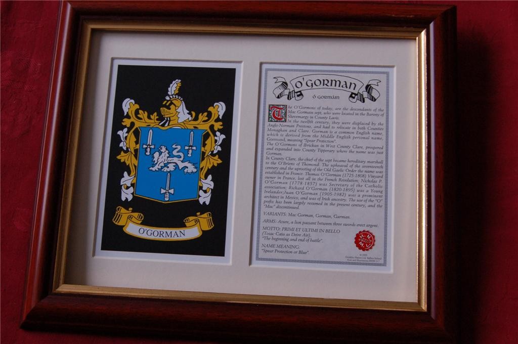 O'GORMAN Family Coat of Arms Crest + History Available Mounted or