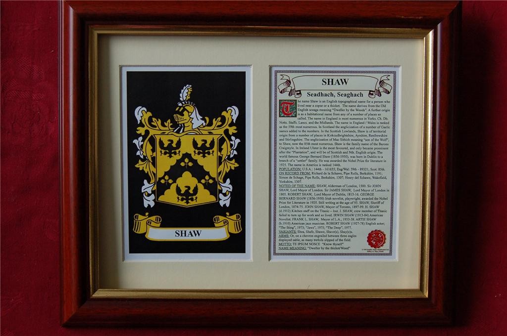 SHAW Family Coat of Arms Crest + History Available Mounted or Framed