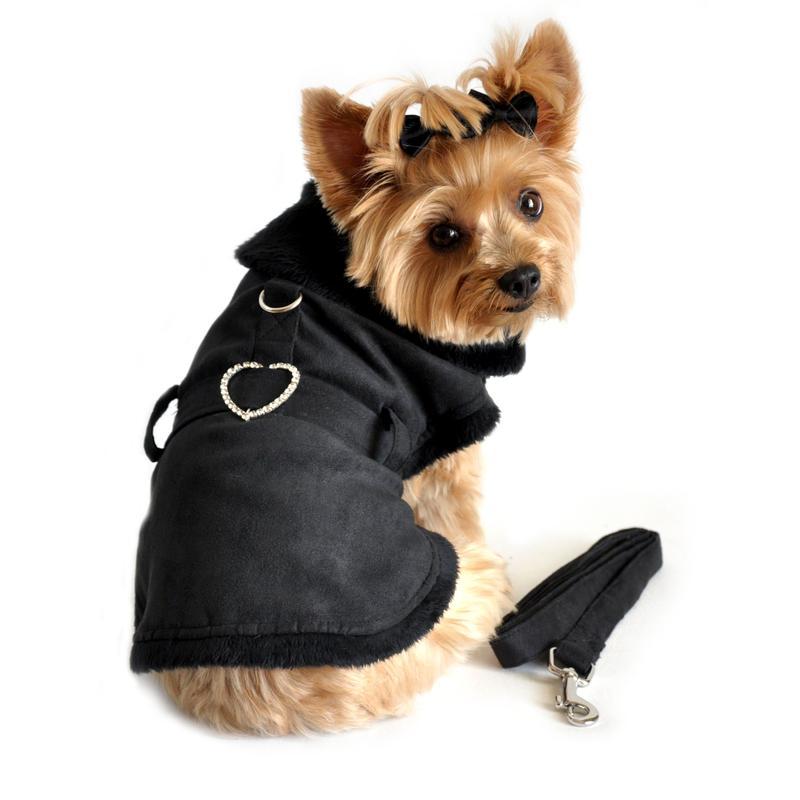 Black Suede Dog Coat Harness with Fur Lining and Leash Choose Size