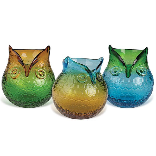 NEW Retro Molded Glass OWL Candle Holder Vase 4.5" High Two Tone Color