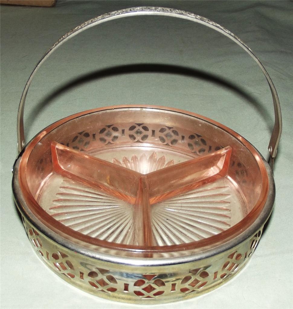 Pink Depression Glass Divided Relish Tray Candy Dish w/ Metal Carrier