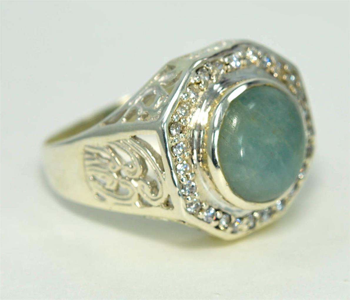 VICTORIAN DESIGN NATURAL AQUAMARINE MARCH BIRTHSTONE 925 SILVER MENS