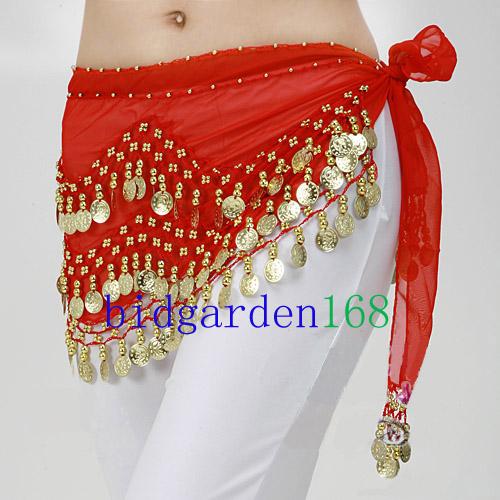 Golden Coins Belly Dance Belt Hip Scarf Skirt red