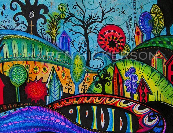 Karen Hickerson Landscape Houses Hills Trees Folk Art Abstract