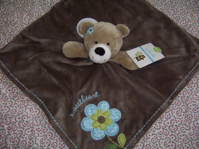 Baby Connection Blanket on Sweetheart Blue Flower Brown Rattle Teddy Bear Security Blanket Lovey