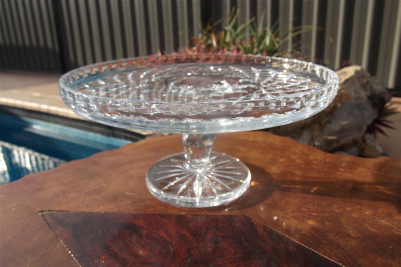 VINTAGE BOHEMIA DIAMOND CUT LEAD CRYSTAL FOOTED CAKE PLATE STAND, 24