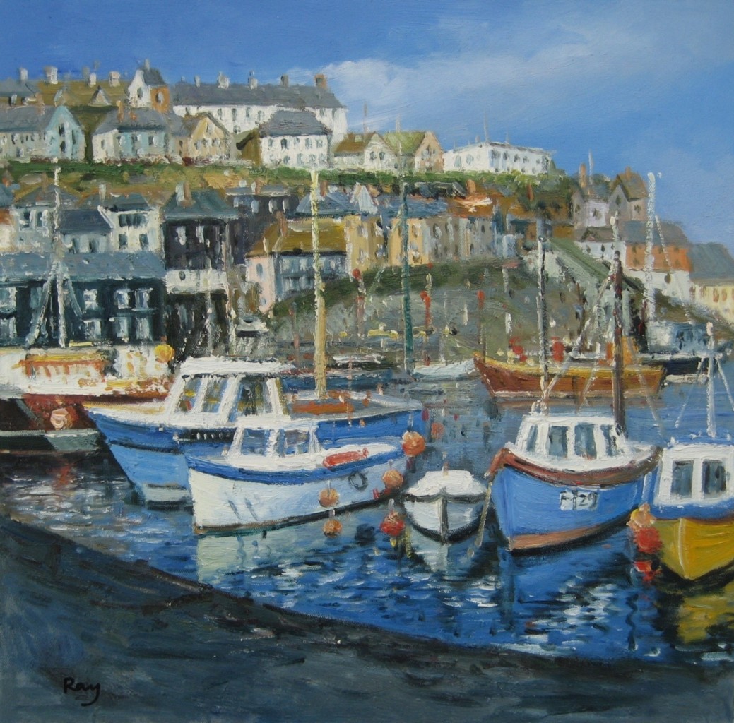 Oil Painting CORNWALL MEVAGISSEY HARBOUR Fishing Boats BRITISH
