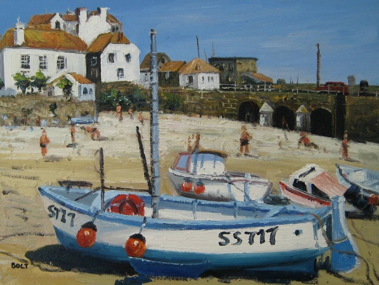 Painting CORNWALL St IVES TOWN BEACH SUMMER FISHING BOAT BRITISH