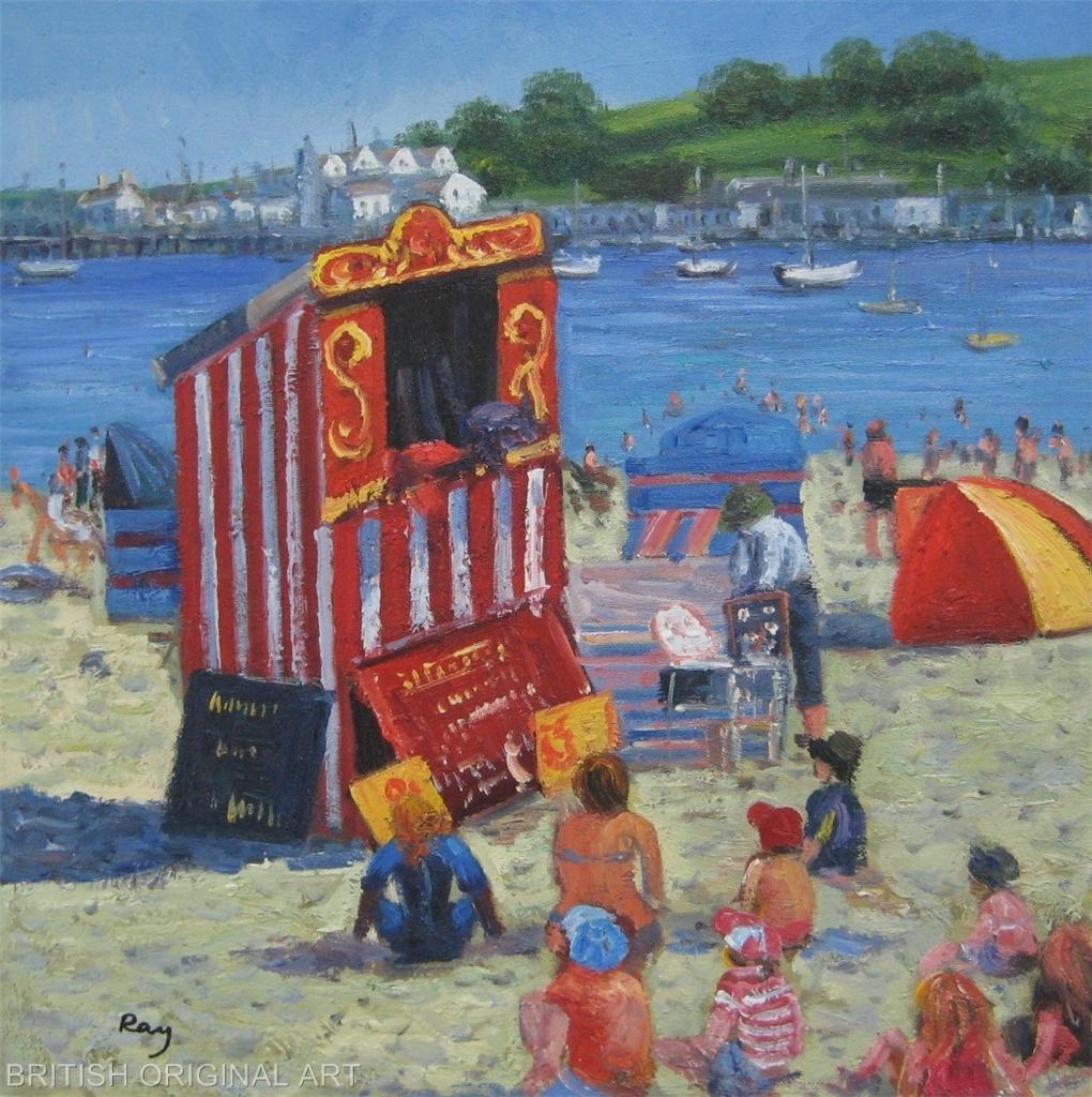 Oil Painting DORSET BEACH FAMILY SEASIDE PUNCH & JUDY SWANAGE PURBECK