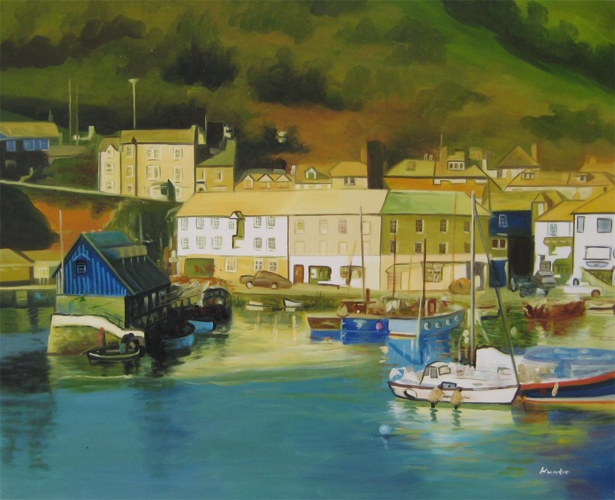 ENGLAND CORNWALL MEVAGISSEY HARBOUR Fishing Boats LARGE Oil Painting UK