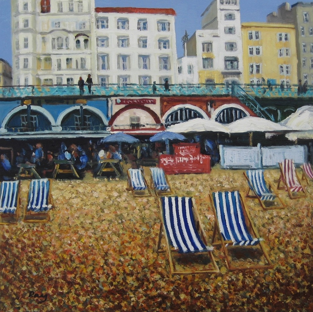 BRIGHTON BEACH SEASIDE DECKCHAIRS BRITISH ORIGINAL ART NEW Oil