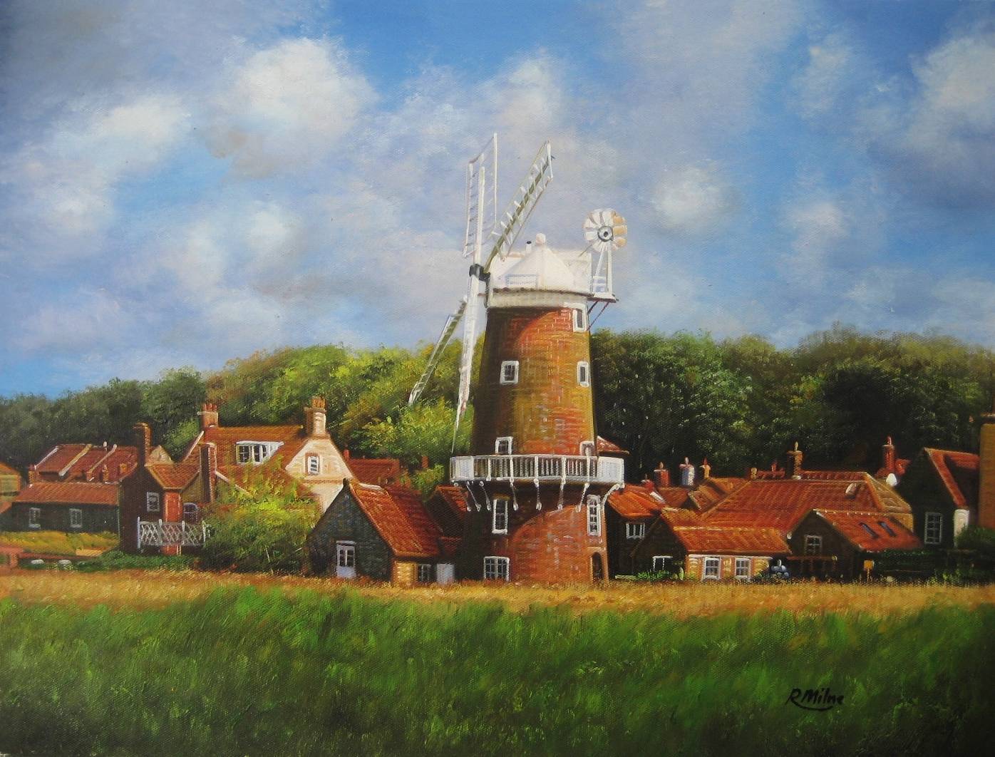 Oil Painting ENGLAND WINDMILL NORFOLK CLEY NEXT SEA ENGLISH LANDSCAPE