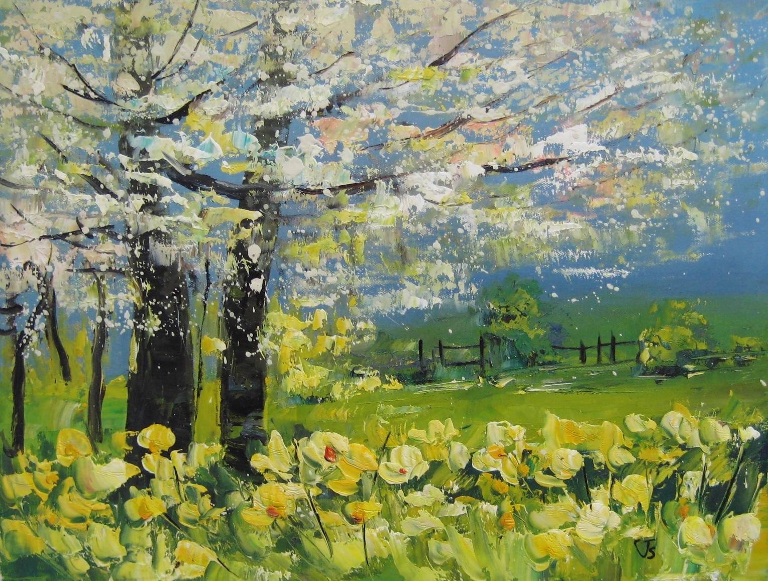 SPRING DAFFODILS CHERRY BLOSSOM TREES Impressionist LANDSCAPE Oil