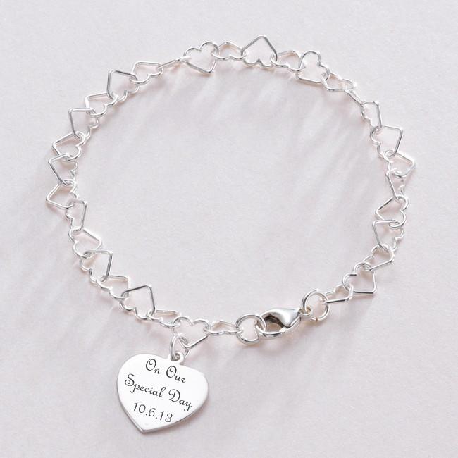 Details about Sterling Silver Heart Link Bracelet with Engraved Heart ...