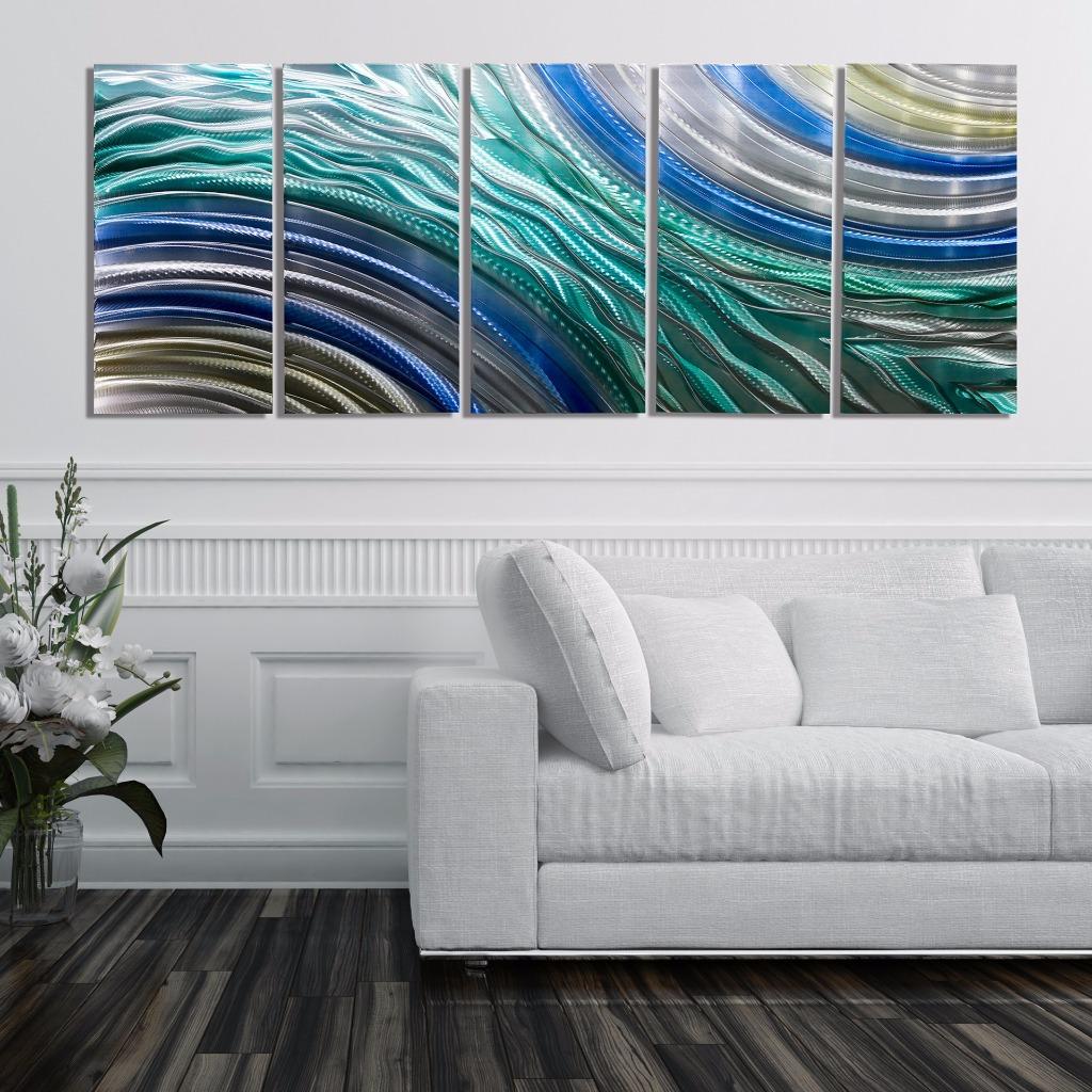 Abstract Silver, Blue & Teal Modern Metal Wall Art Painting Decor by