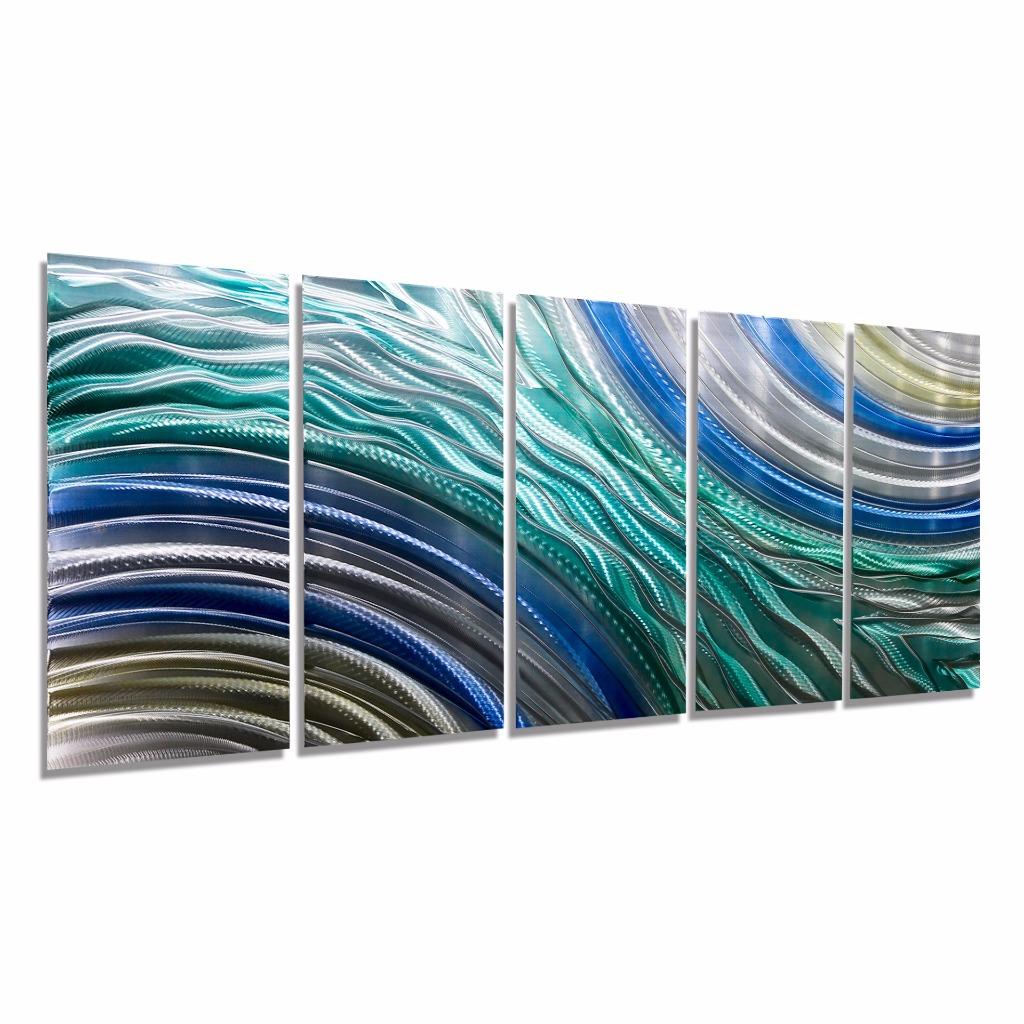Abstract Silver, Blue & Teal Modern Metal Wall Art Painting Decor by