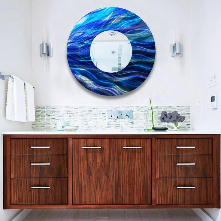 Large Round Blue Metal Mirror Wall Art Home Decor Accent ...