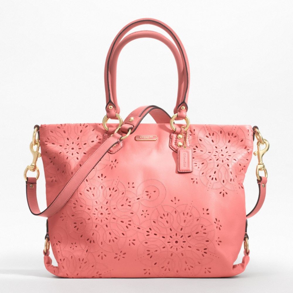 558 COACH Ashley Tossed Laser Cut Lace Leather Tote Bag Purse Salmon