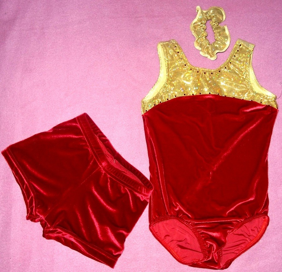 GYMNASTICS leotard shorts set child girls xlarge12/14 girls RED VEL gold foil eBay