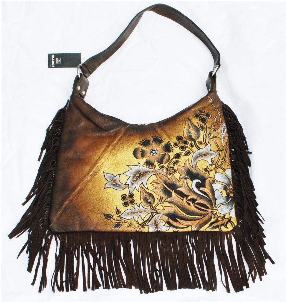 Biacci Handpainted Leather Rustic Floral Fringed Handbag BN Authentic