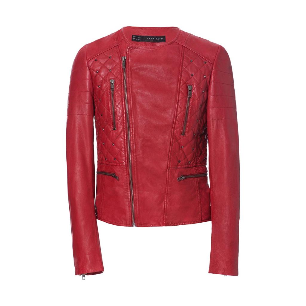 ZARA RED GENUINE SHEEP LEATHER BIKER JACKET WITH STUDS SIZE M MEDIUM