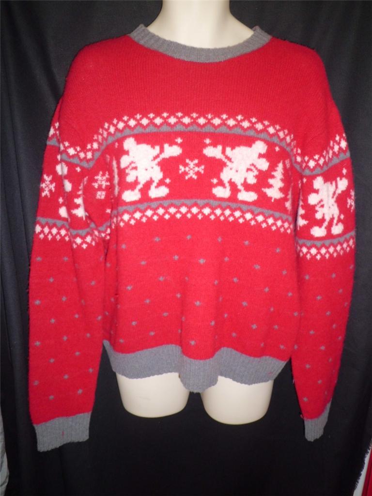 Disney Mickey Mouse Nordic Christmas Wool Sweater Mens XL Red Gray Crew