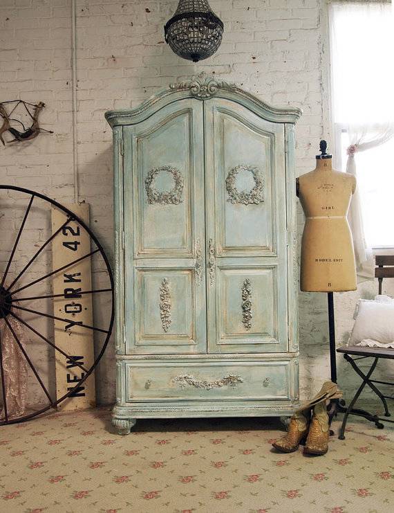 Painted Cottage Chic Shabby Aqua French Armoire