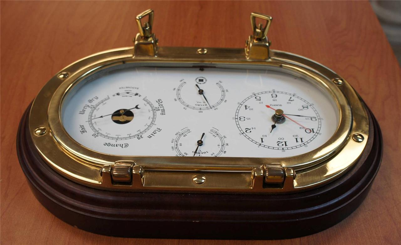 BEYBERK BRASS PORTHOLE CLOCK WITH BAROMETER,THERMOMETER AND HYGROMETER