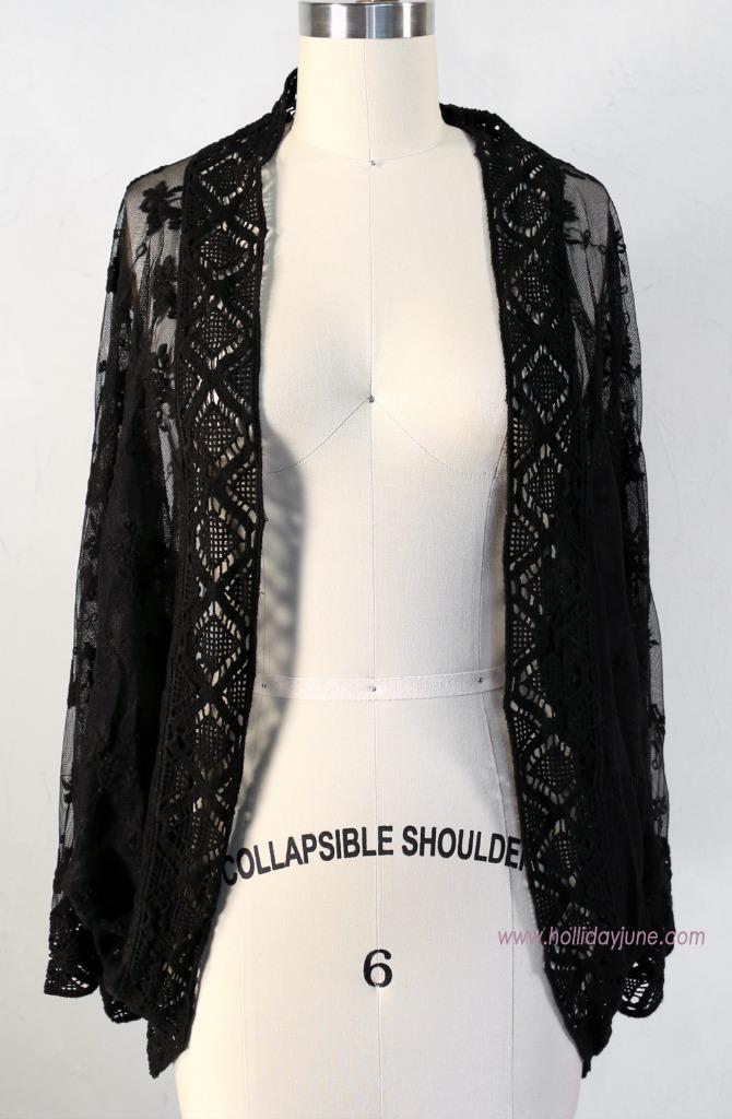 NWT Olivaceous Black Lace Kimono Jacket Coverup Crochet Boho Long