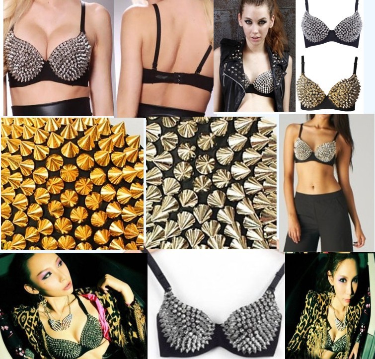 Women's Punk Spike Studs Metallic Bra Party Clubwear Dancewear Lingerie 59751