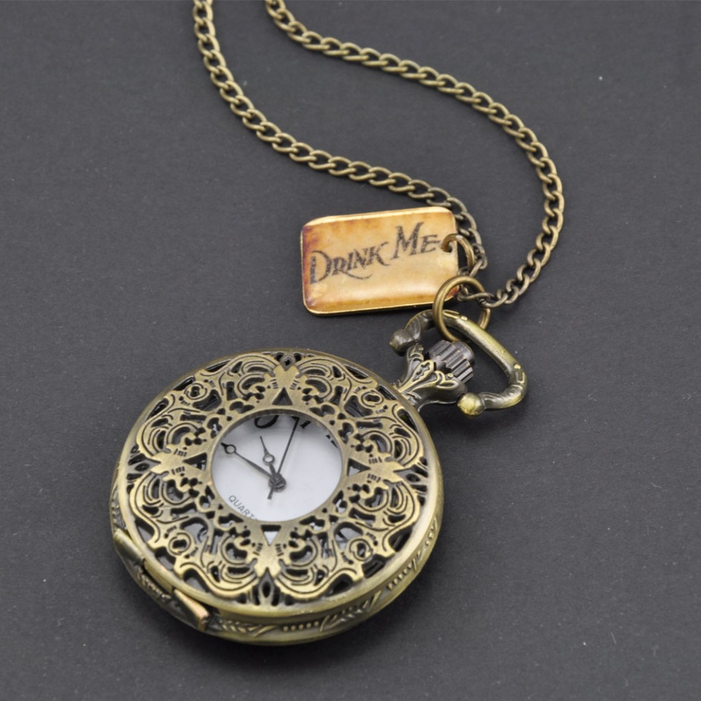 LARGE Gold Alice In Wonderland DRINK ME Tag POCKET WATCH Necklace