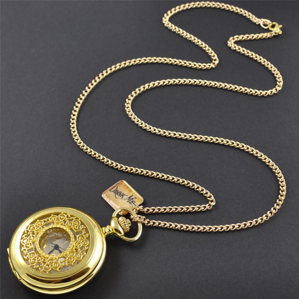 LARGE Gold Alice In Wonderland DRINK ME Tag POCKET WATCH Necklace