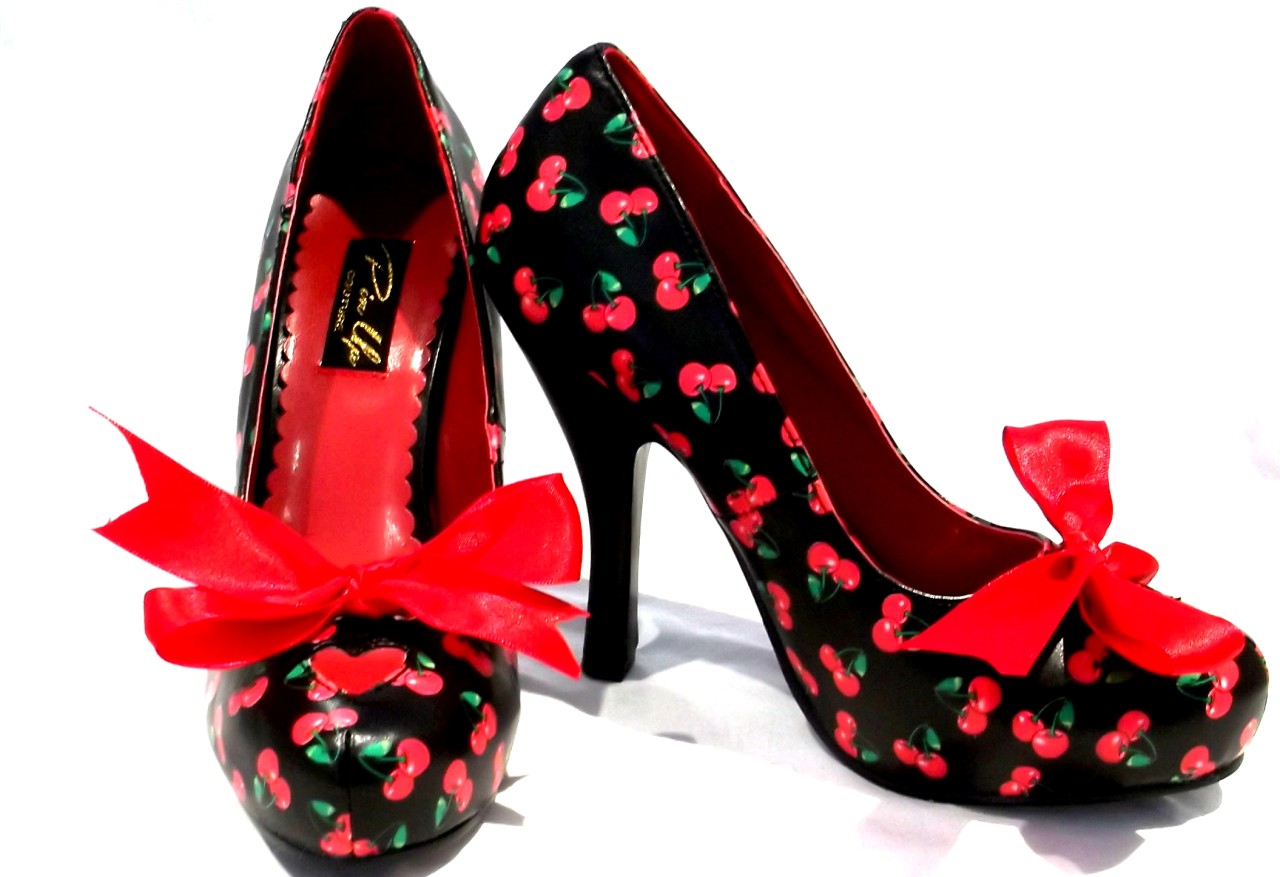 WOMENS NEW PINUP PIN UP COUTURE SHOES CHERRY STILETTOS ROCKABILLY SWING