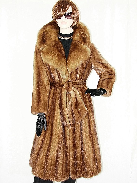 Vintage Belted Female Whiskey mink fur coat jacket SABLE collar 77