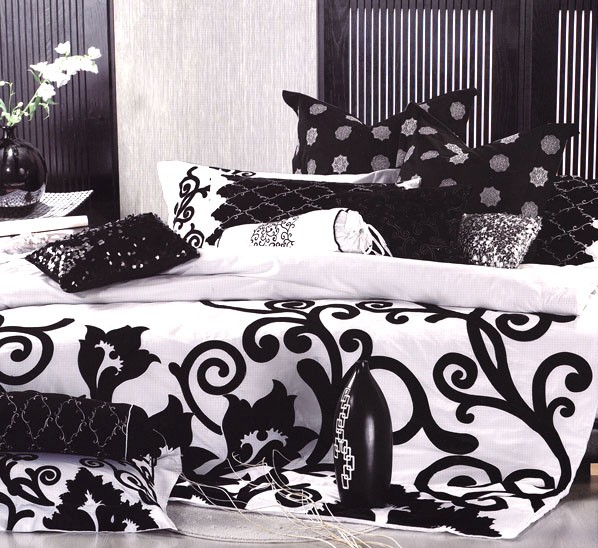 SERENITY Black White Appliqued Swirls QUEEN Quilt Doona Duvet Cover Set