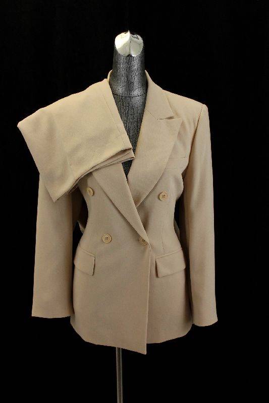 womens beige BLOOMINGDALES 2pc PANT SUIT double breasted jacket career M 10
