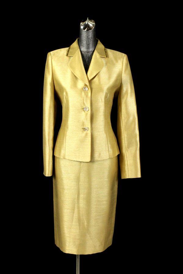 womens gold metallic shimmer LE SUIT SKIRT SUIT blazer jacket evening