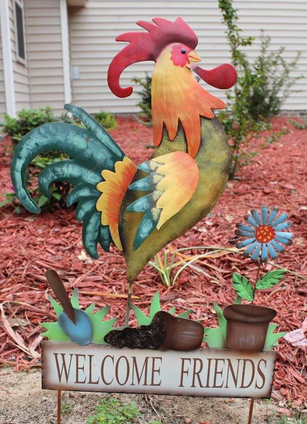 New Metal Rooster Sign Stake Garden Statue Yard Art Decor with