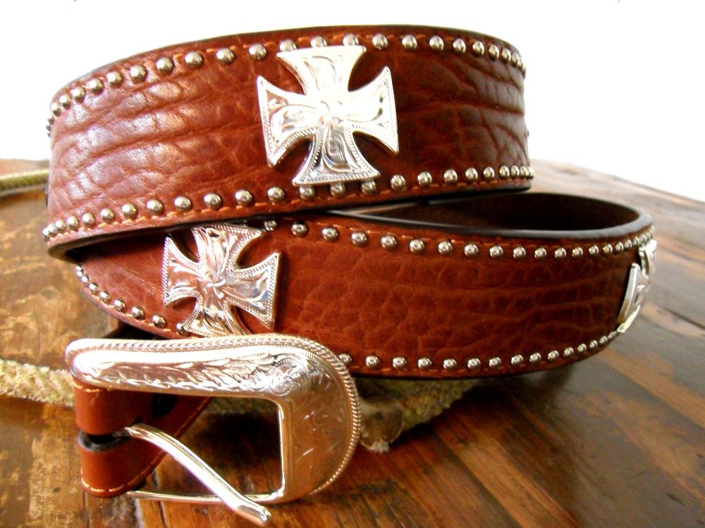 3D Western Mens Belt Leather Studded Maltese Cross Brown 1901 eBay