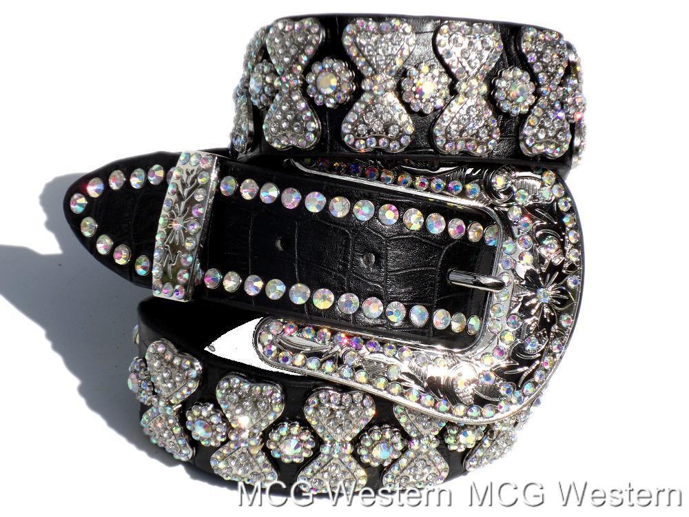 Cowgirl Rhinestone Black Genuine Leather Ladies Western Bling Belt eBay