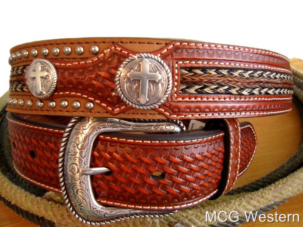 Nocona Western Mens Belt Leather Cross Concho Overlay Copper N2429908