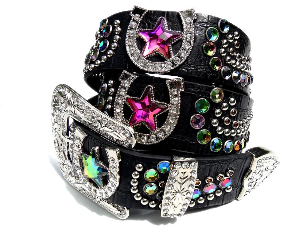Cowgirl Rhinestone Black Genuine Leather Ladies Horseshoe Western Bling