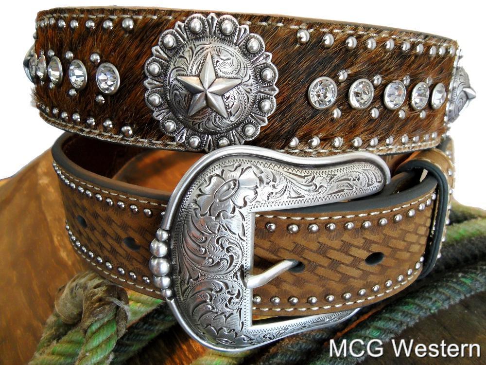 Nocona Western Mens Belt Hair Studded Rhinestones Concho Brown N2465837