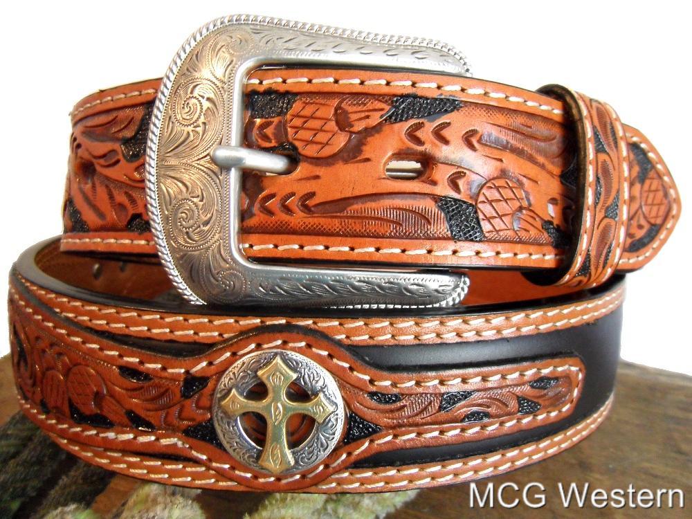 Western Hand Tooled Leather Belt w Cross Conchos Buckle | eBay