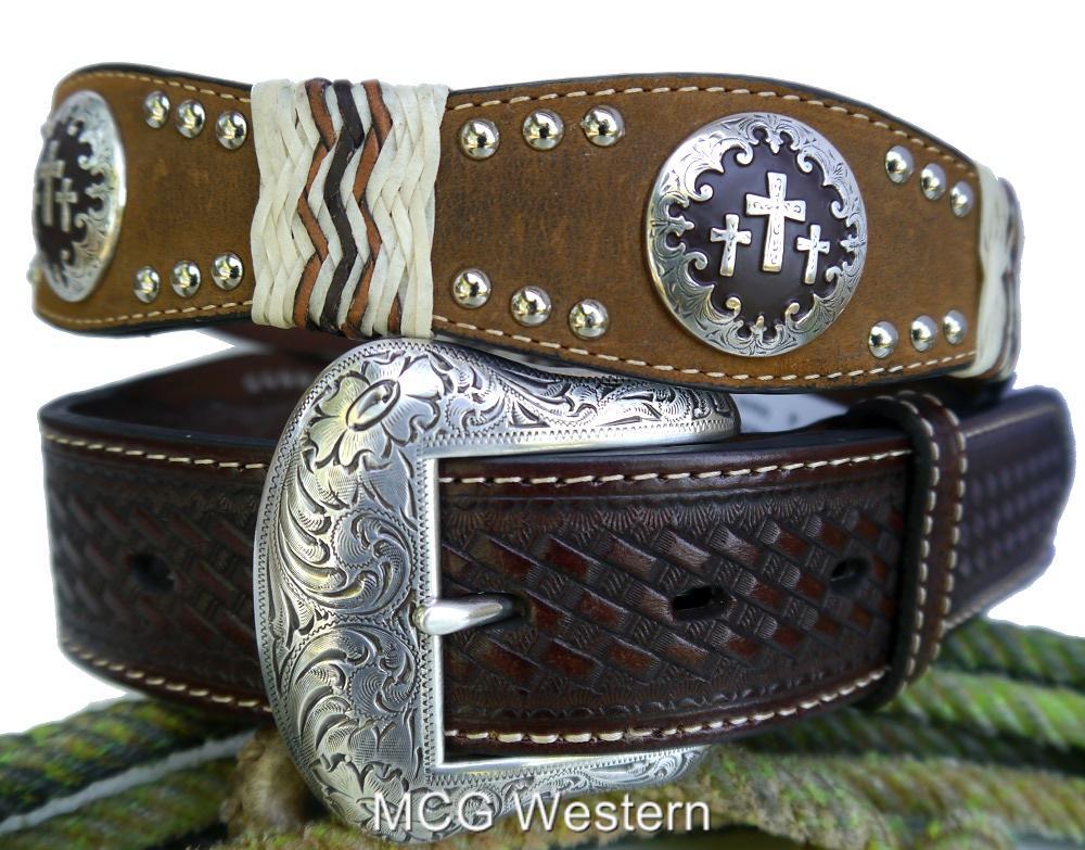 WESTERN MEN'S SCALLOPED EDGES BROWN LEATHER BELT W/ CROSS CONCHO